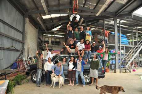 Serendipity's staff, and a few of our rescued dogs, at a guide training session. Ignore guide dangling overhead- she's with Cirque de Soliel now.