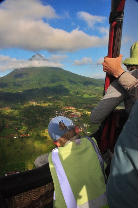 Serendipity ballon approaches Arenal volcano in Costa Rica